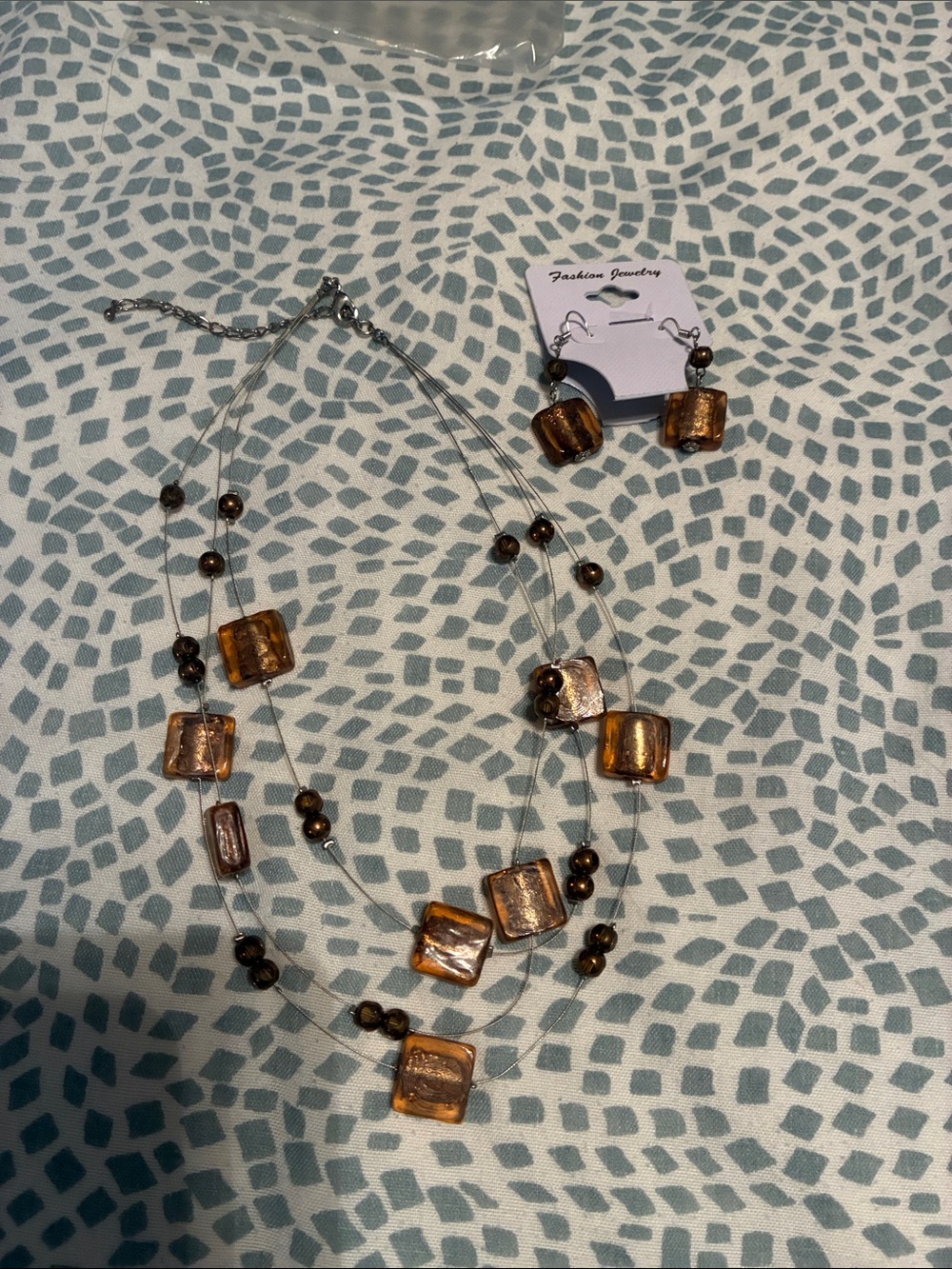 Fashion Jewelry Amber/Copper Glass Bead Layered Necklace with Matching Earrings